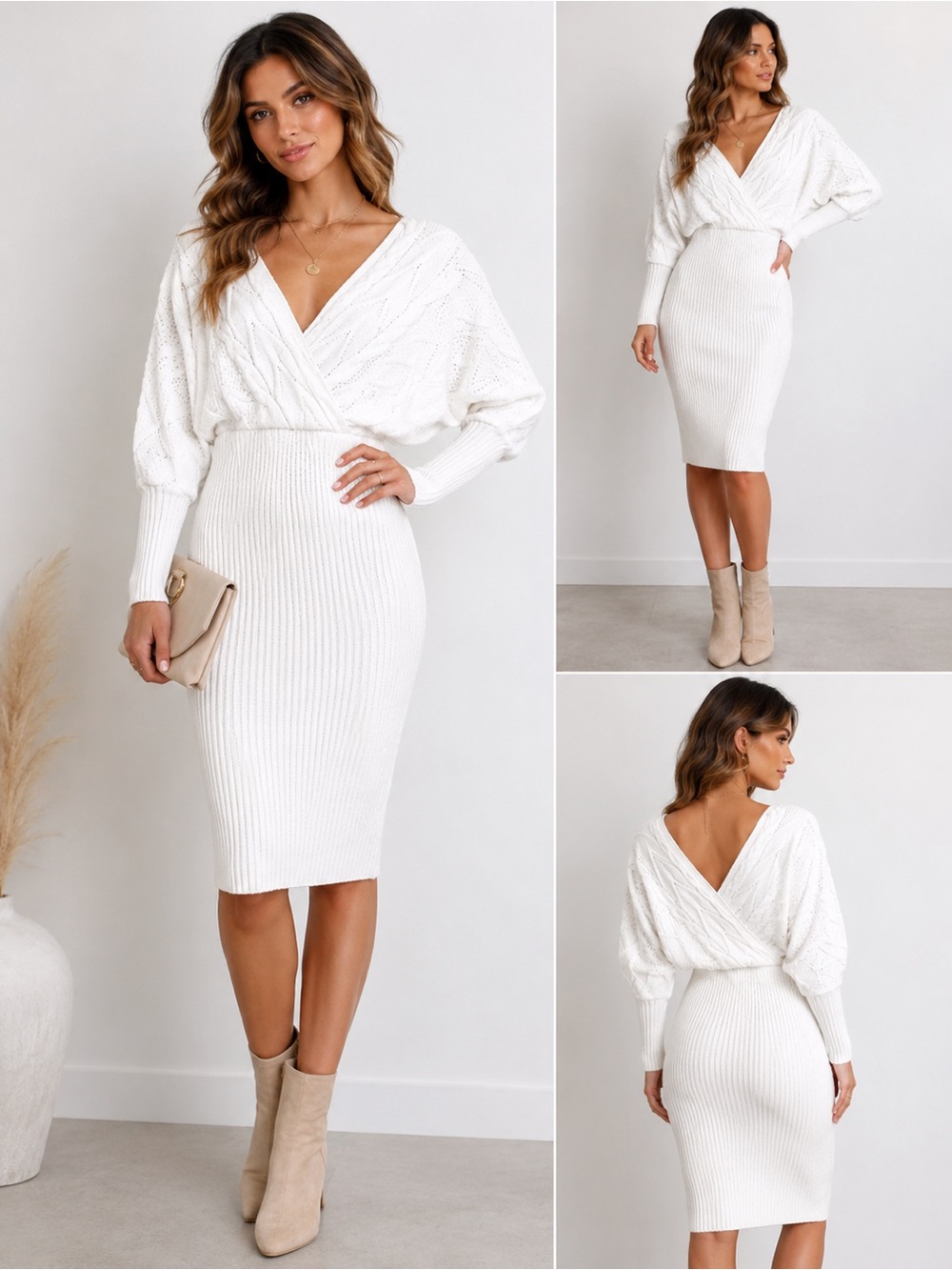 Ivory Knit Wrap-Front Midi Dress